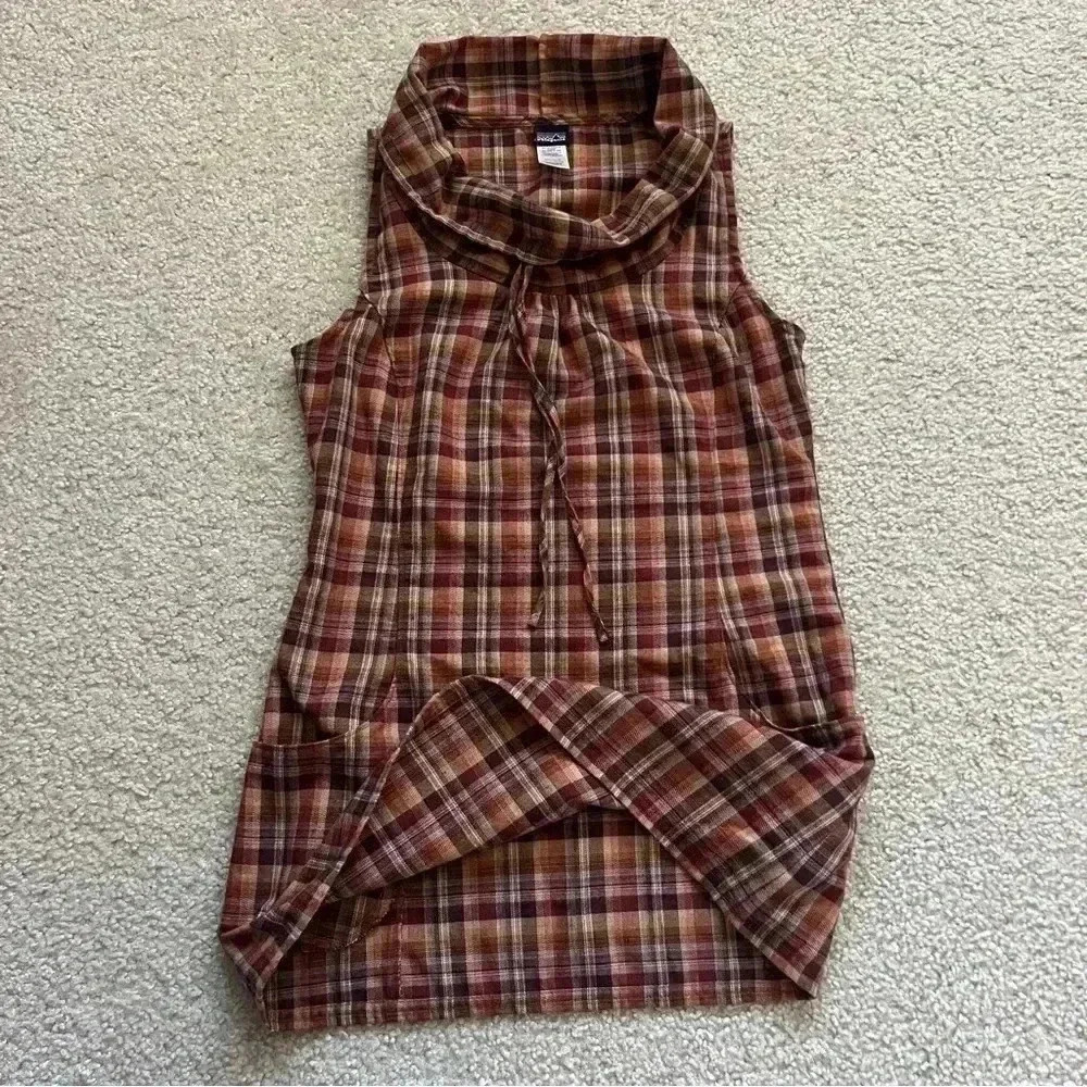 Patagonia Brown Plaid Cowl Neck Front Pockets Dress Tunic, Wm Sz 4 Sleeveless